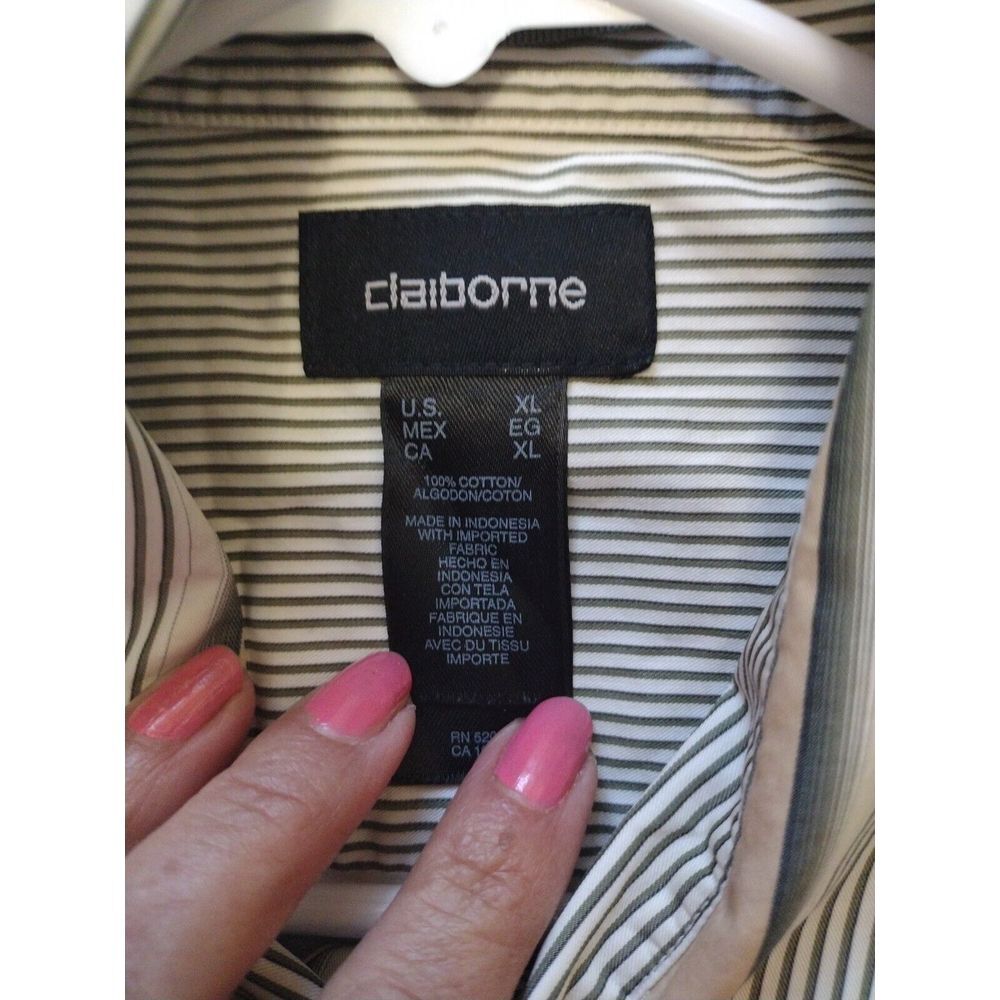 CLAIBORNE Button Down Shirt Men XL Tan Green Diagonal Striped Long Sleeves‎ - Picture 7 of 7